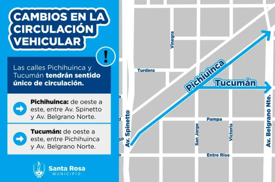Santa Rosa implementa sentido único en las calles Pichihuinca y Tucumán para ordenar el tránsito