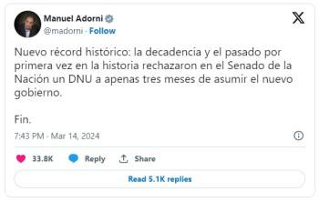 La primera reacción del Gobierno ante el rechazo del DNU: "La decadencia y el pasado"